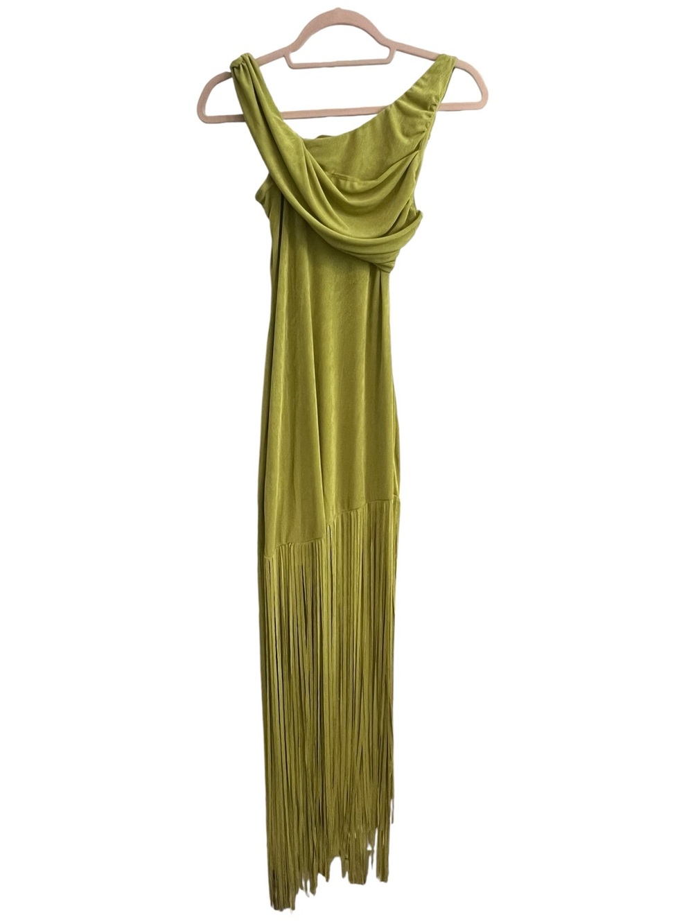 Olive Green Draped Fringe Maxi Dress Size S NWT - Picture 5 of 12